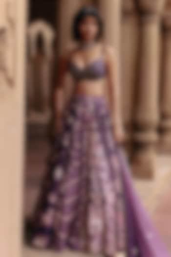 Plum Chiniya Silk Floral Printed & Jaal Embroidered Wedding Lehenga Set by Paulmi & Harsh at Pernia's Pop Up Shop