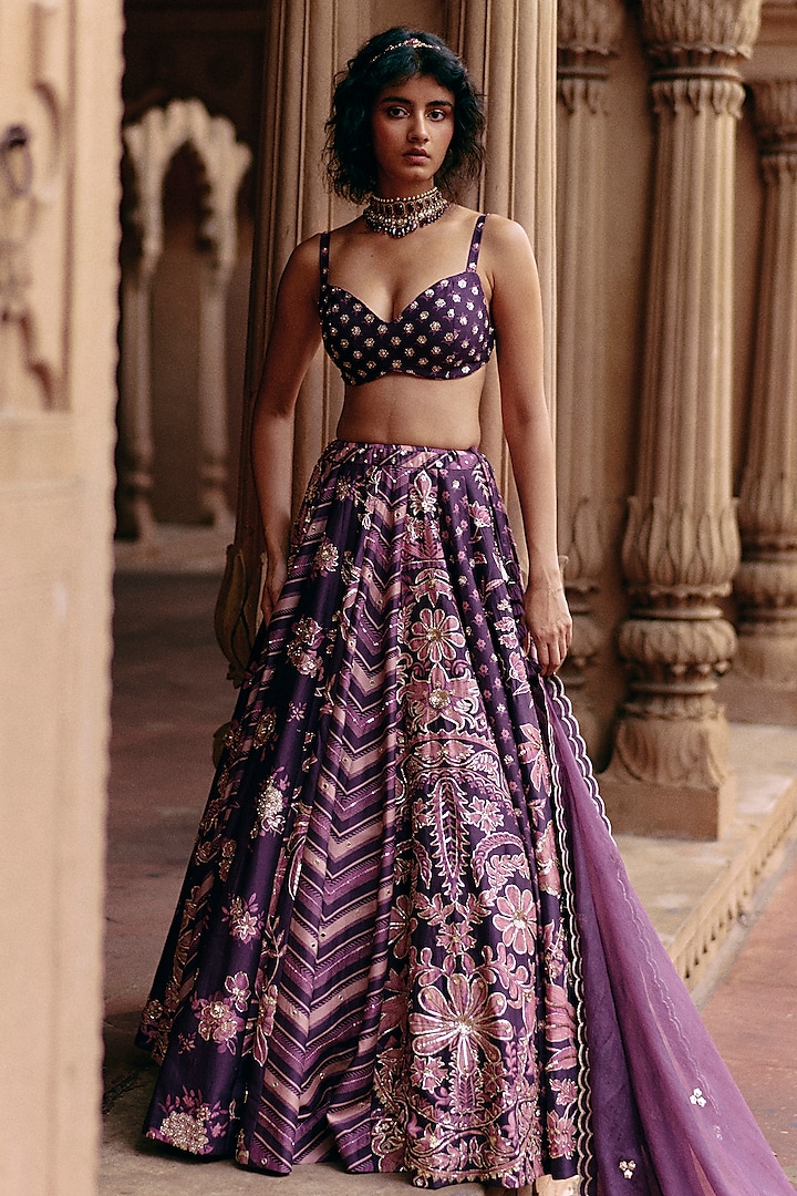 Plum Chiniya Silk Floral Printed & Jaal Embroidered Wedding Lehenga Set by Paulmi & Harsh at Pernia's Pop Up Shop