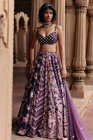 Plum Chiniya Silk Floral Printed & Jaal Embroidered Lehenga Set by Paulmi & Harsh