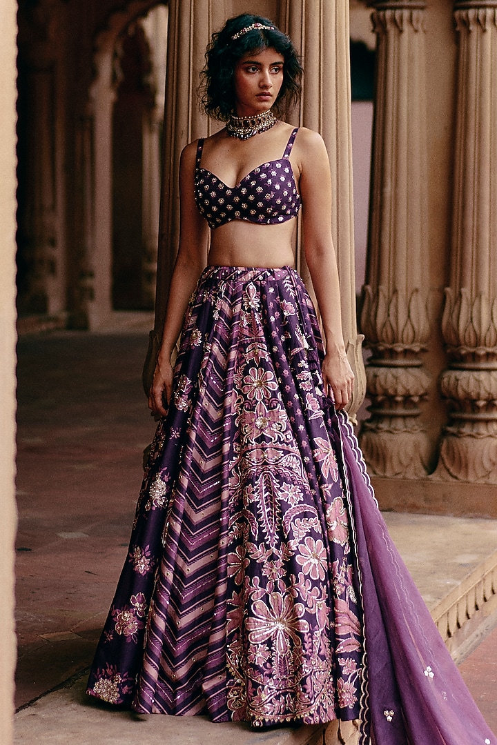 Plum Chiniya Silk Floral Printed & Jaal Embroidered Wedding Lehenga Set by Paulmi & Harsh at Pernia's Pop Up Shop