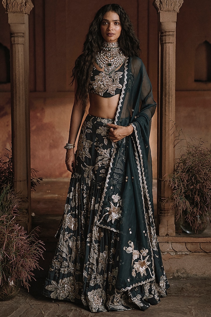 Black Crepe Printed & Embroidered Fish-Cut Wedding Lehenga Set by Paulmi & Harsh at Pernia's Pop Up Shop