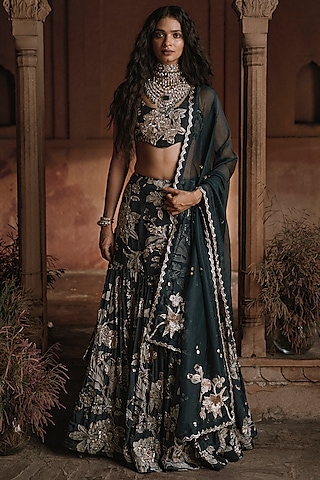 Black Crepe Printed & Embroidered Fish-Cut Lehenga Set by Paulmi & Harsh