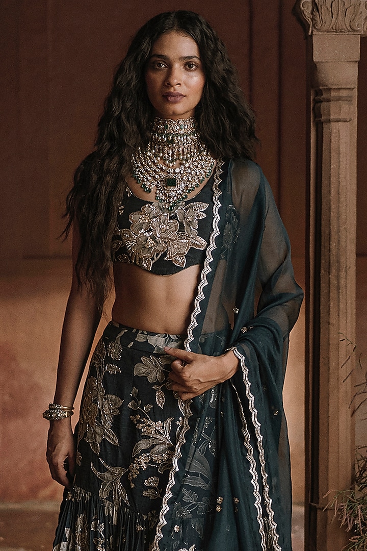 Black Crepe Printed & Embroidered Fish-Cut Wedding Lehenga Set by Paulmi & Harsh at Pernia's Pop Up Shop