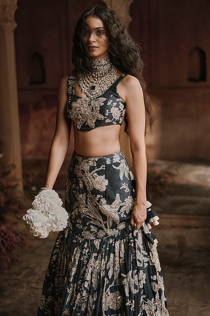 Black Crepe Printed & Embroidered Fish-Cut Wedding Lehenga Set by Paulmi & Harsh at Pernia's Pop Up Shop