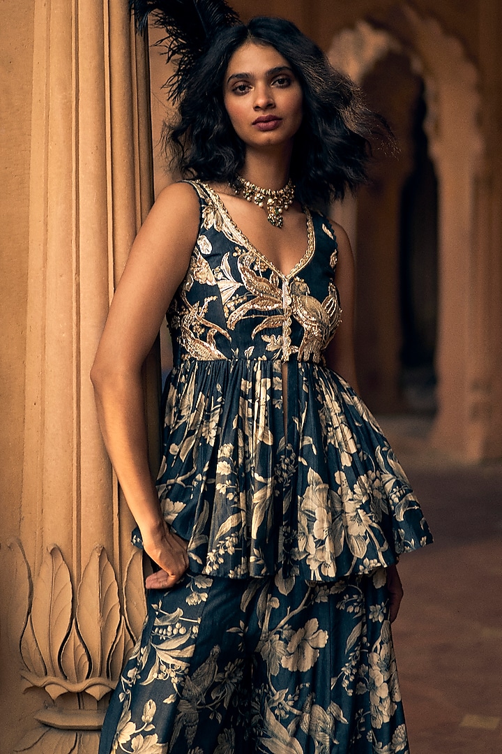 Navy Blue Pure Chiniya Silk Printed Palazzo Pant Set by Paulmi & Harsh at Pernia's Pop Up Shop