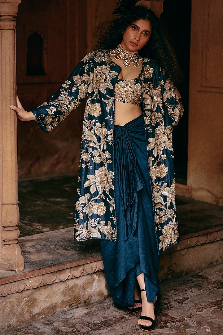 Blue Pure Chiniya Silk Printed & Embroidered Jacket Set by Paulmi & Harsh at Pernia's Pop Up Shop