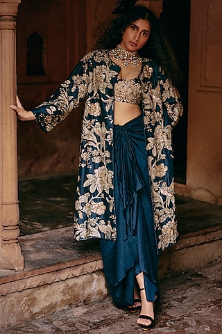 Blue Pure Chiniya Silk Printed & Embroidered Jacket Set by Paulmi & Harsh