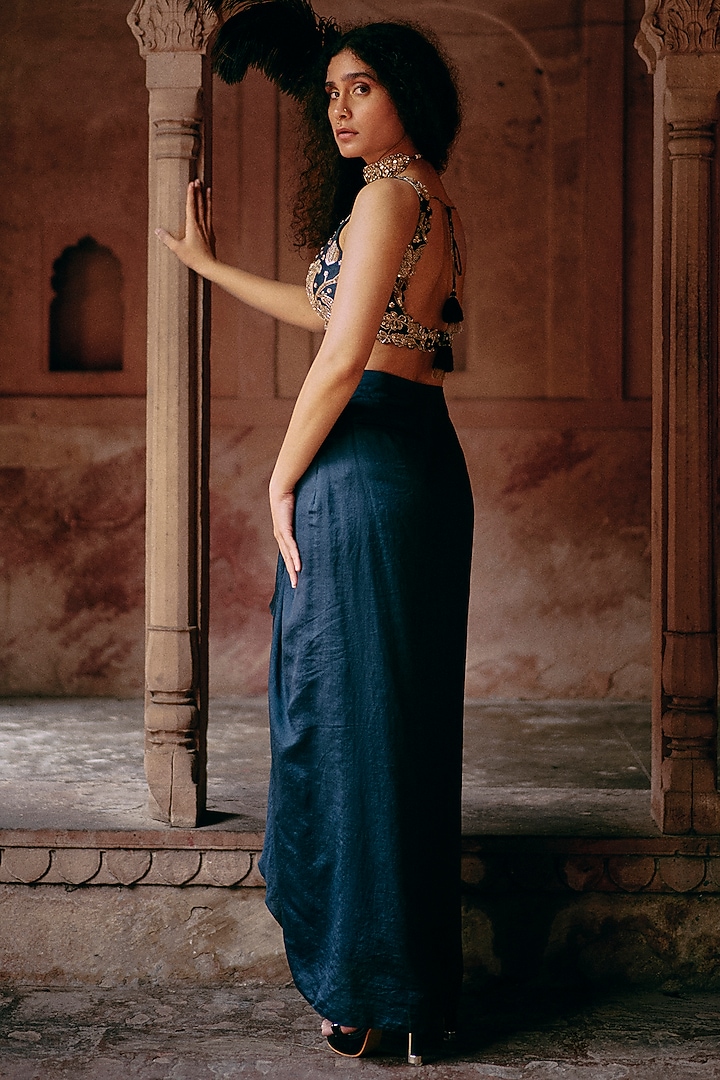 Blue Pure Chiniya Silk Printed & Embroidered Jacket Set by Paulmi & Harsh at Pernia's Pop Up Shop