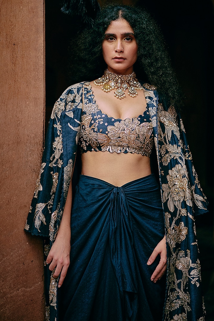 Blue Pure Chiniya Silk Printed & Embroidered Jacket Set by Paulmi & Harsh at Pernia's Pop Up Shop