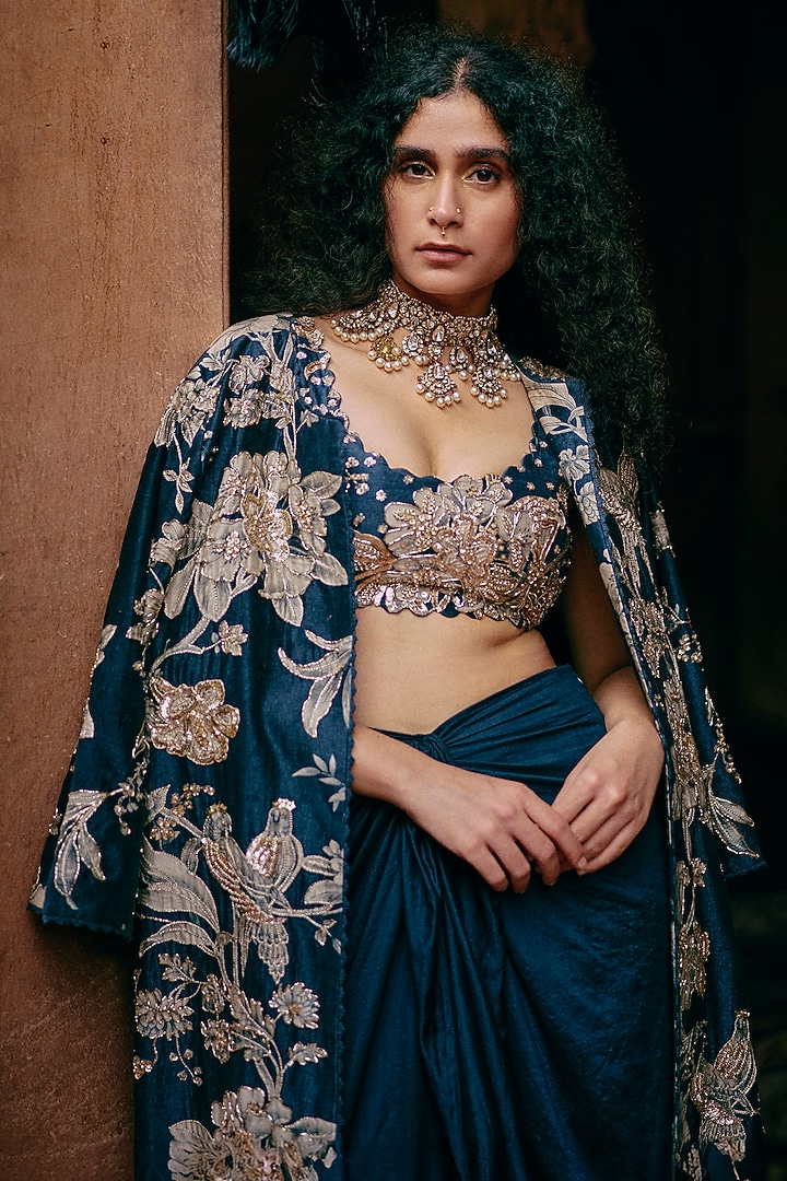 Blue Pure Chiniya Silk Printed & Embroidered Jacket Set by Paulmi & Harsh at Pernia's Pop Up Shop