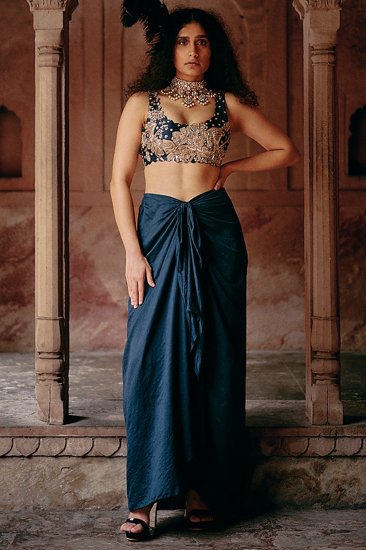 Blue Pure Chiniya Silk Printed & Embroidered Jacket Set by Paulmi & Harsh at Pernia's Pop Up Shop