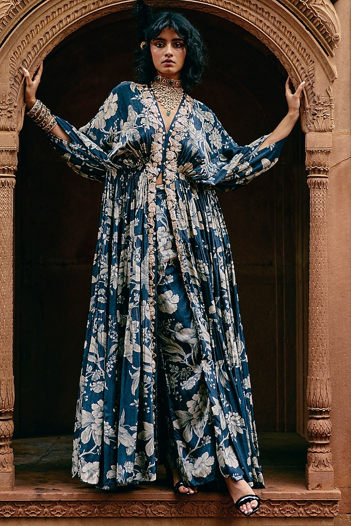 Blue Crepe Floral Jaal Printed & Hand Embroidered Kaftan Set by Paulmi & Harsh at Pernia's Pop Up Shop