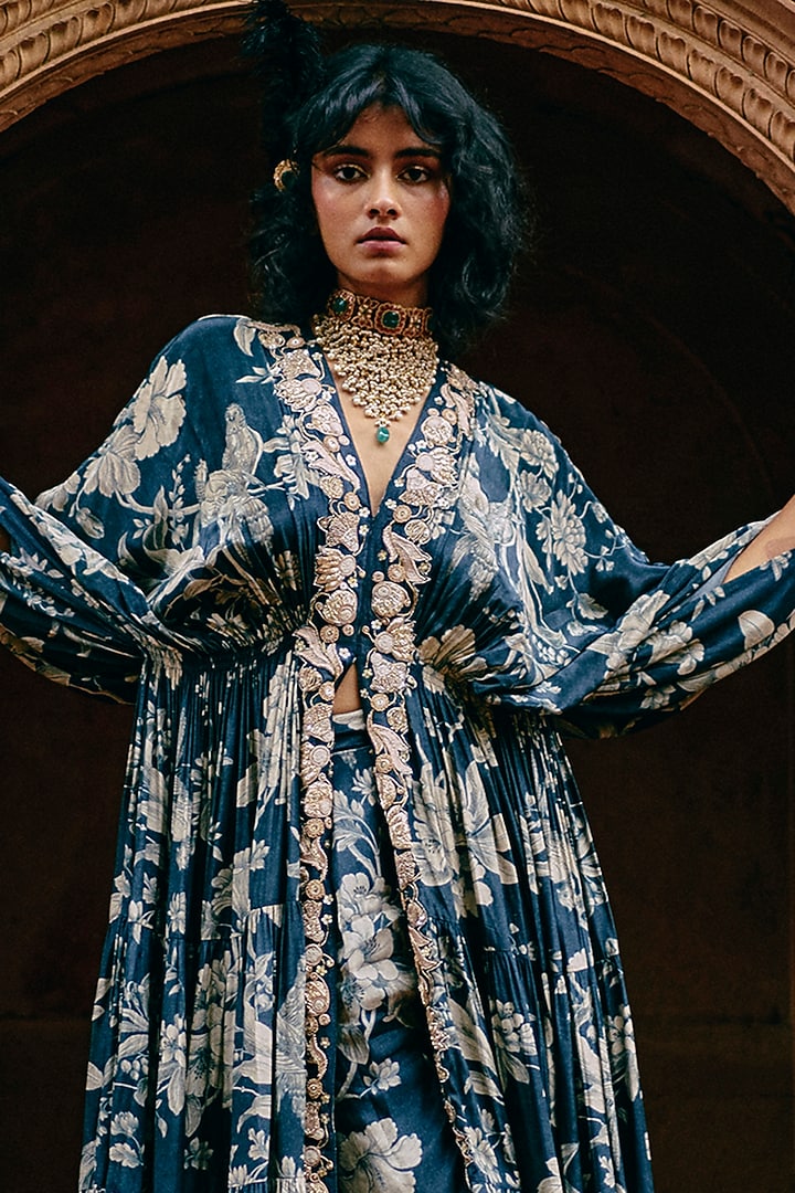 Blue Crepe Floral Jaal Printed & Hand Embroidered Kaftan Set by Paulmi & Harsh at Pernia's Pop Up Shop