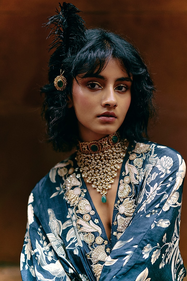Blue Crepe Floral Jaal Printed & Hand Embroidered Kaftan Set by Paulmi & Harsh at Pernia's Pop Up Shop