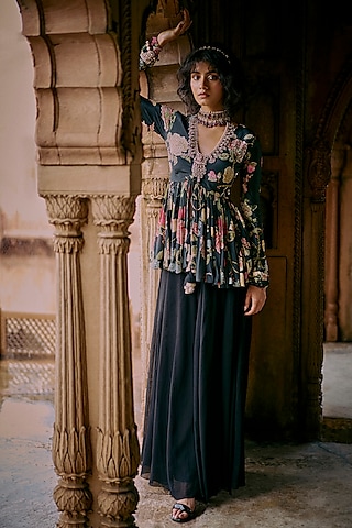 Black Crepe Solid Palazzo Pant Set by Paulmi & Harsh