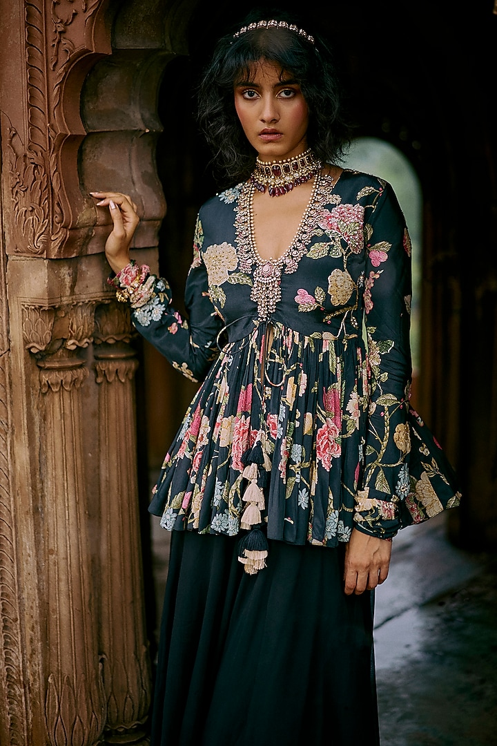 Black Crepe Solid Palazzo Pant Set by Paulmi & Harsh at Pernia's Pop Up Shop