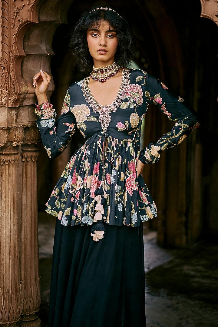 Black Crepe Solid Palazzo Pant Set by Paulmi & Harsh at Pernia's Pop Up Shop