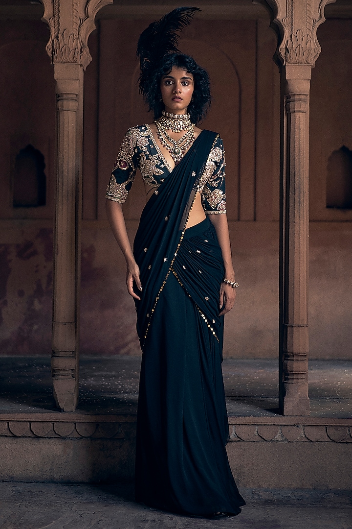 Black Georgette Lace Hand Embroidered Pre-Stitched Saree Set by Paulmi & Harsh at Pernia's Pop Up Shop