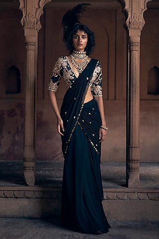 Black Georgette Lace Hand Embroidered Pre-Stitched Saree Set by Paulmi & Harsh