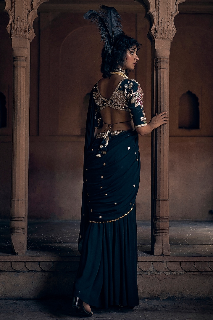 Black Georgette Lace Hand Embroidered Pre-Stitched Wedding Saree Set by Paulmi & Harsh at Pernia's Pop Up Shop