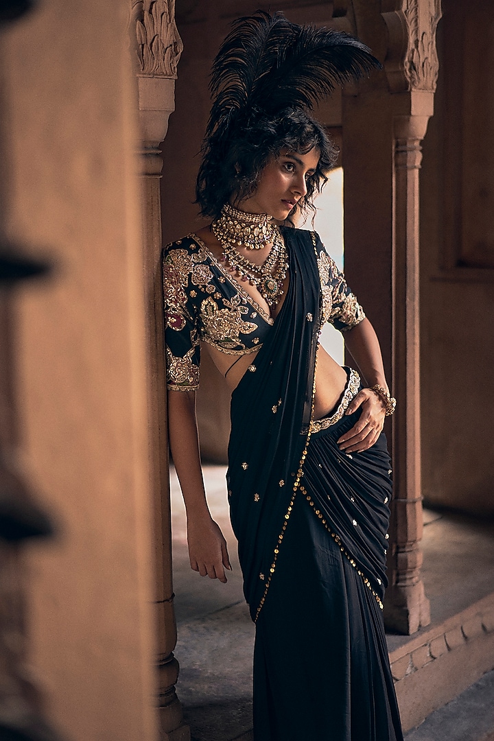 Black Georgette Lace Hand Embroidered Pre-Stitched Wedding Saree Set by Paulmi & Harsh at Pernia's Pop Up Shop