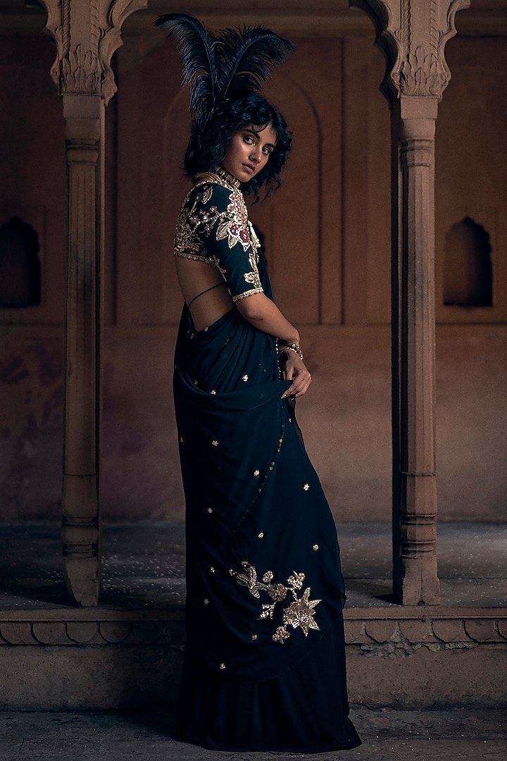 Black Georgette Lace Hand Embroidered Pre-Stitched Wedding Saree Set by Paulmi & Harsh at Pernia's Pop Up Shop