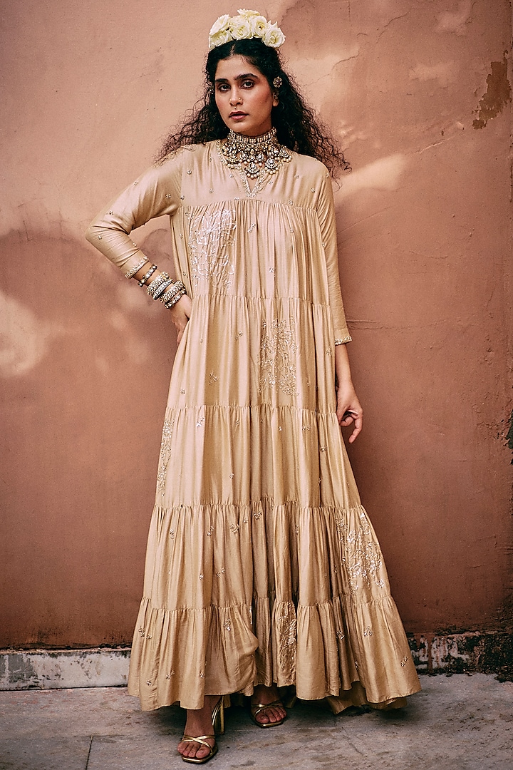 Beige Modal Silk Zardosi Embroidered Tiered Anarkali Set by Paulmi & Harsh at Pernia's Pop Up Shop