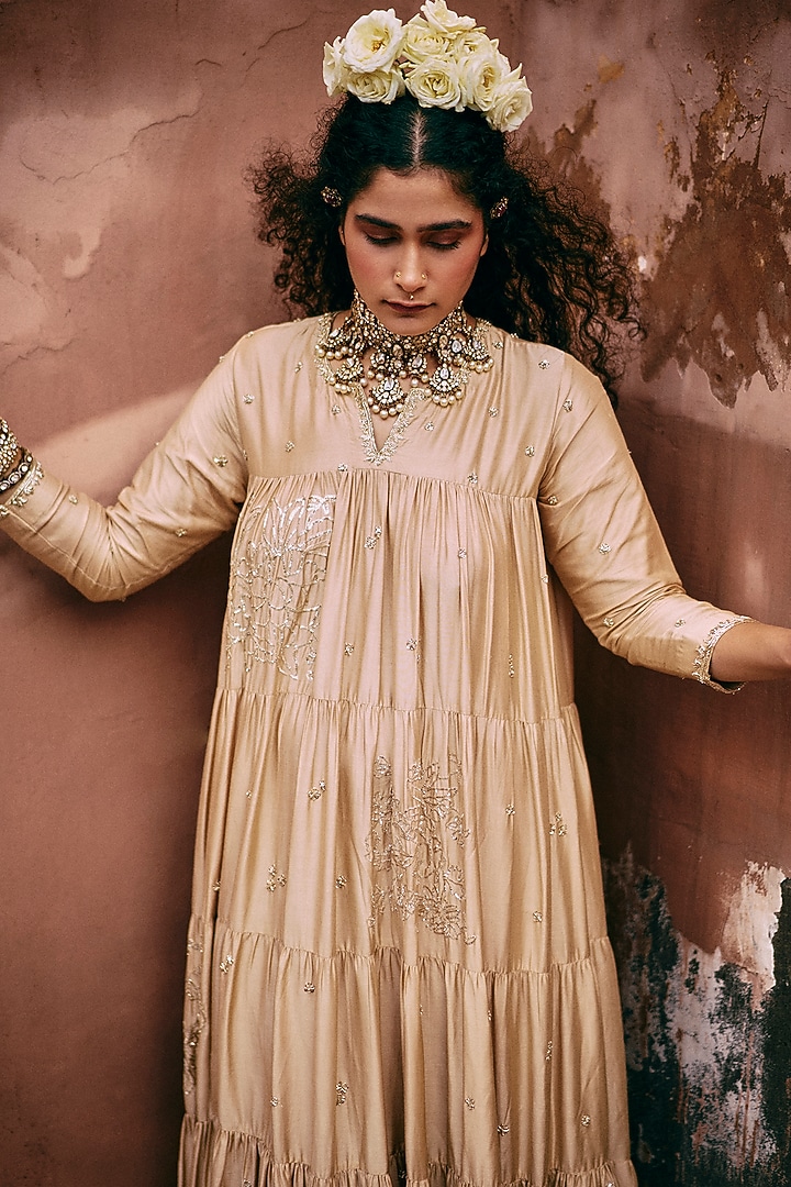 Beige Modal Silk Zardosi Embroidered Tiered Wedding Anarkali Set by Paulmi & Harsh at Pernia's Pop Up Shop