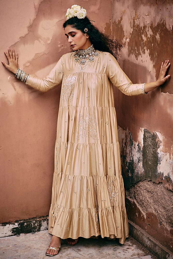 Beige Modal Silk Zardosi Embroidered Tiered Wedding Anarkali Set by Paulmi & Harsh at Pernia's Pop Up Shop