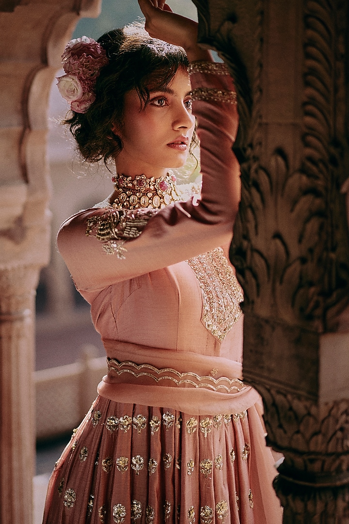 Onion Pink Chiniya Silk Aari & Zardosi Embroidered Wedding Anarkali Set by Paulmi & Harsh at Pernia's Pop Up Shop