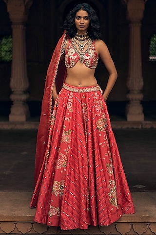 Crimson Red Chiniya Silk Leheriya Printed & Zardosi Embroidered Lehenga Set by Paulmi & Harsh