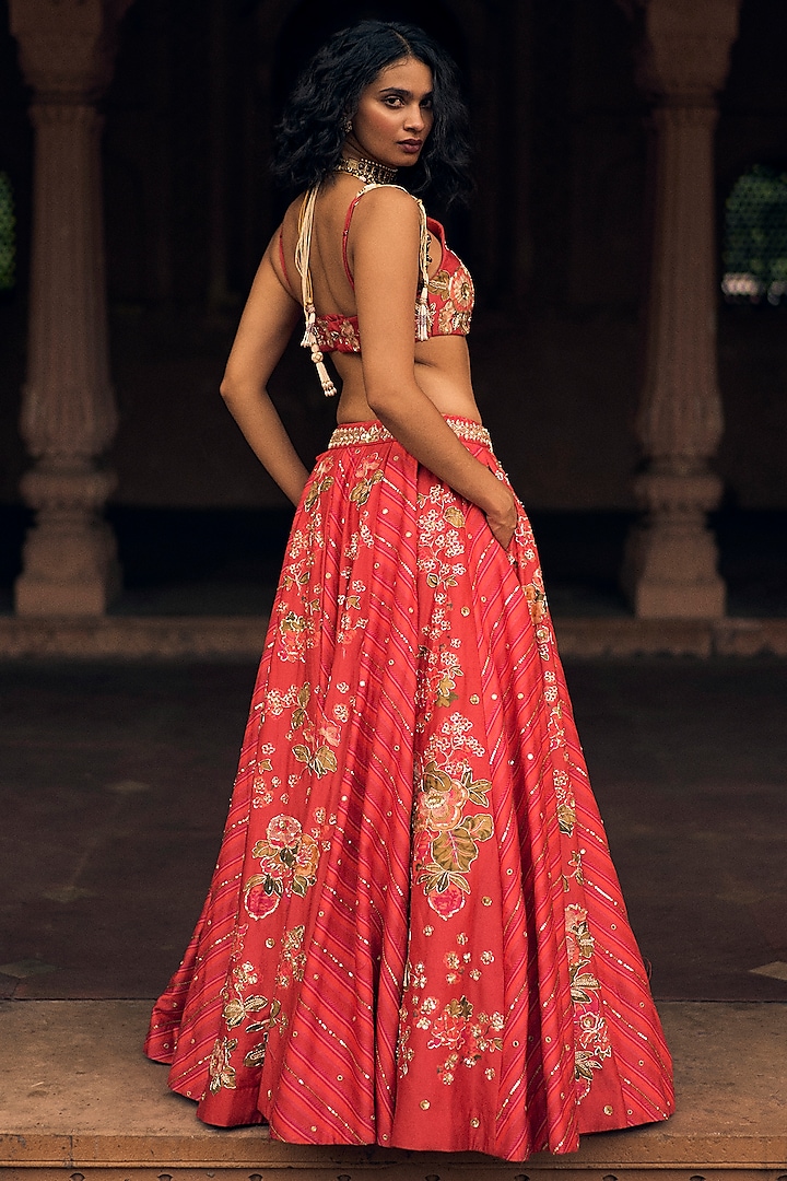 Crimson Red Chiniya Silk Leheriya Printed & Zardosi Embroidered Wedding Lehenga Set by Paulmi & Harsh at Pernia's Pop Up Shop