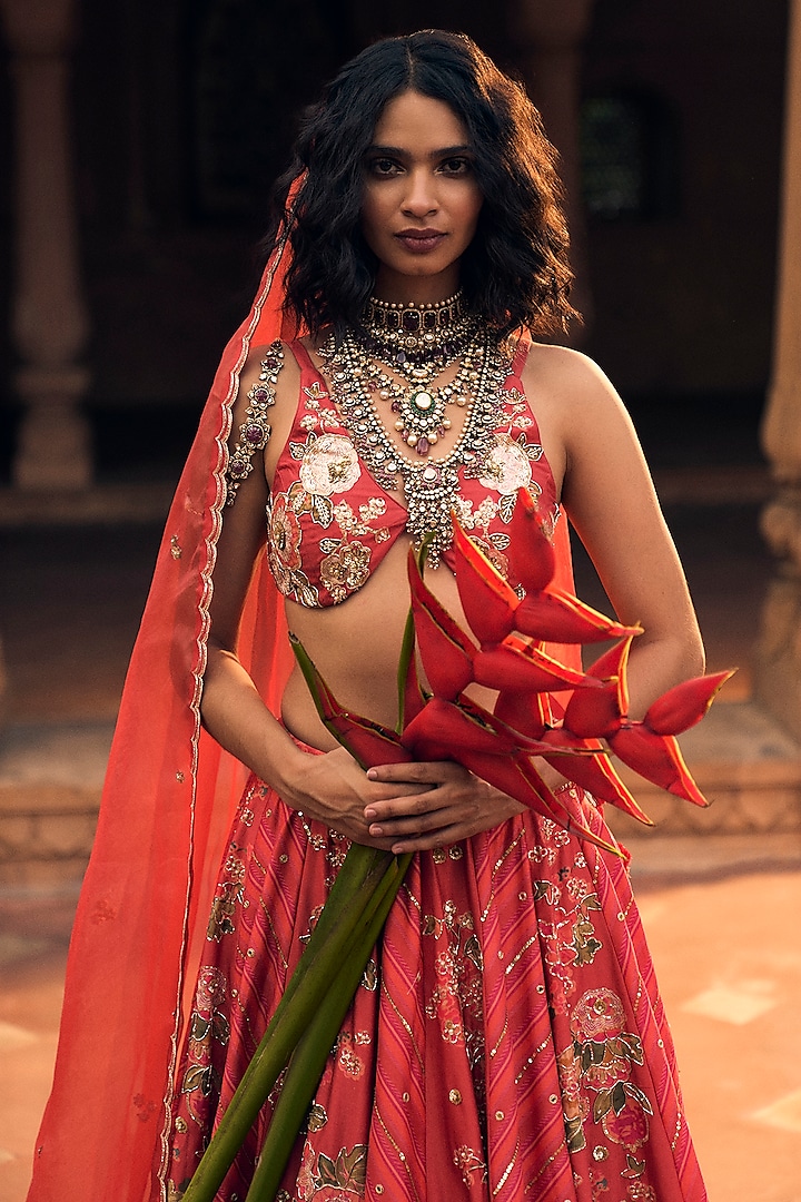 Crimson Red Chiniya Silk Leheriya Printed & Zardosi Embroidered Wedding Lehenga Set by Paulmi & Harsh at Pernia's Pop Up Shop