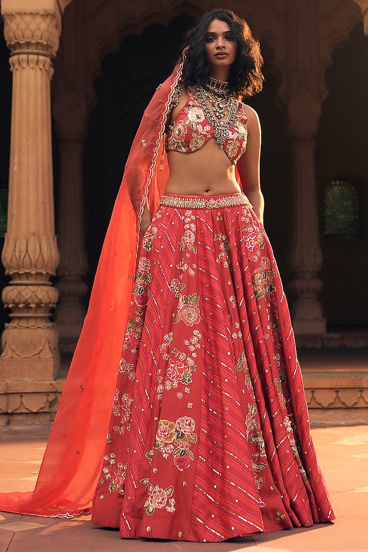 Crimson Red Chiniya Silk Leheriya Printed & Zardosi Embroidered Wedding Lehenga Set by Paulmi & Harsh at Pernia's Pop Up Shop