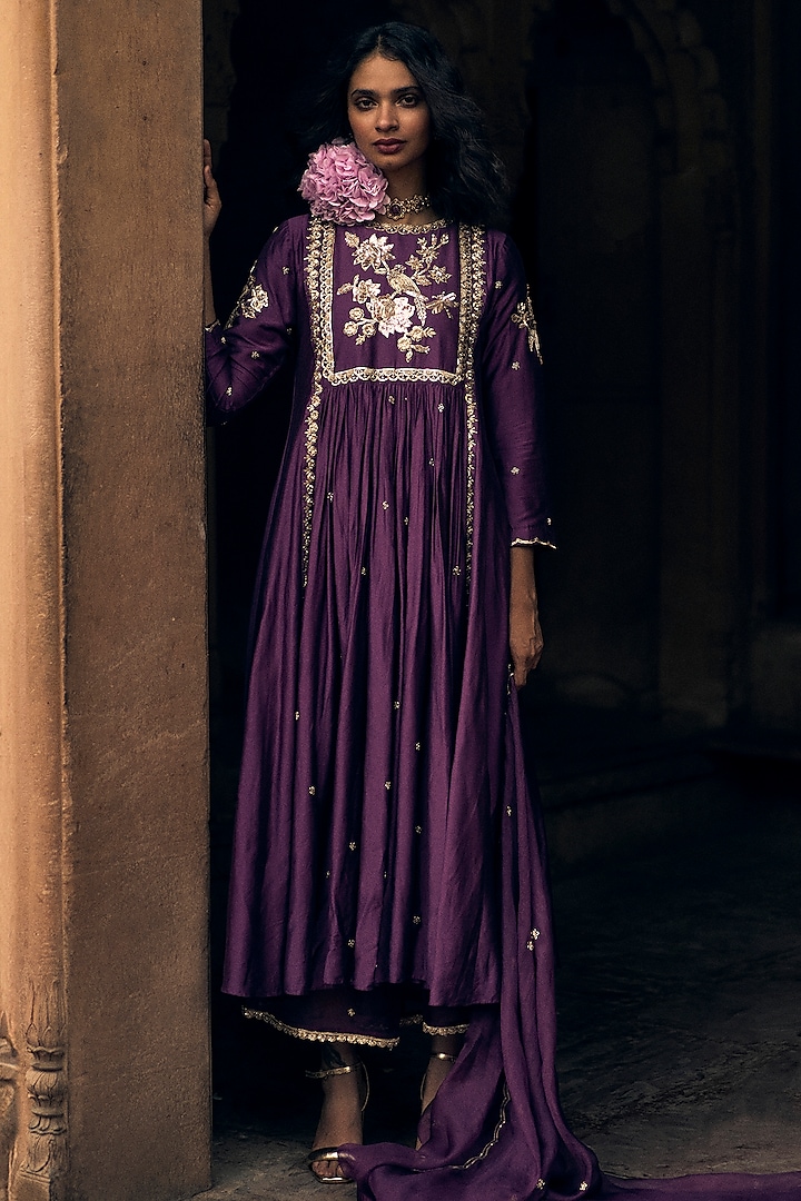 Plum Modal Silk Hand Embroidered Anarkali Set by Paulmi & Harsh at Pernia's Pop Up Shop