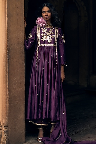 Plum Modal Silk Hand Embroidered Anarkali Set by Paulmi & Harsh