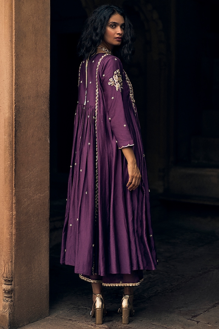 Plum Modal Silk Hand Embroidered Wedding Anarkali Set by Paulmi & Harsh at Pernia's Pop Up Shop