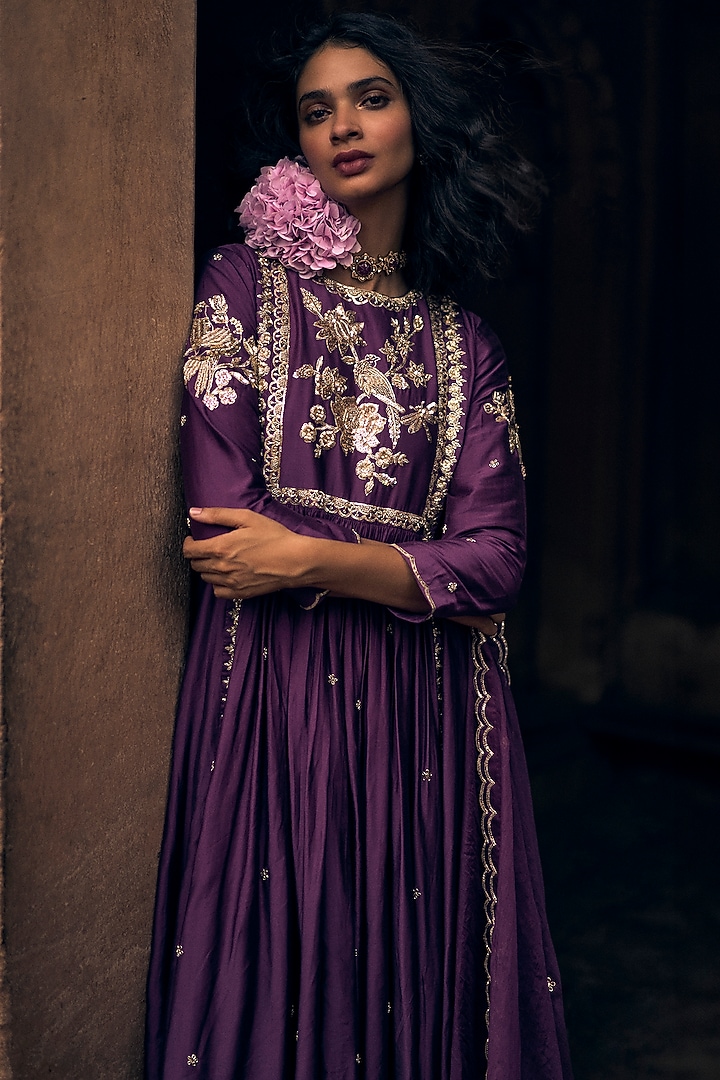 Plum Modal Silk Hand Embroidered Wedding Anarkali Set by Paulmi & Harsh at Pernia's Pop Up Shop