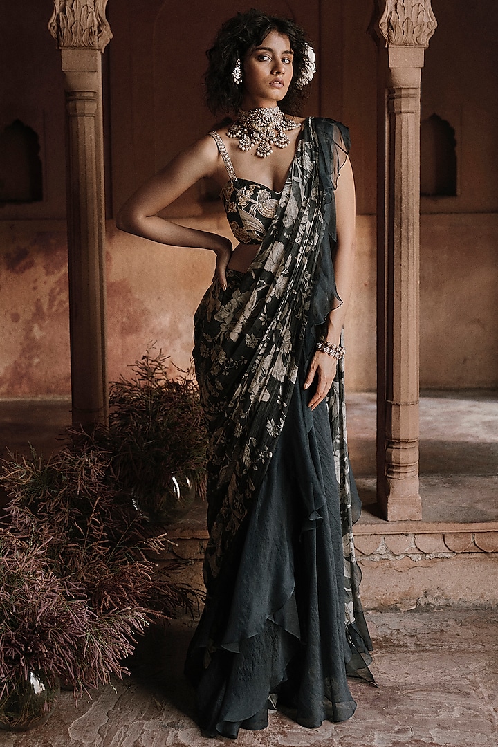 Navy Blue Chiffon & Crepe Printed Pre-Stitched Jacket Saree Set by Paulmi & Harsh at Pernia's Pop Up Shop