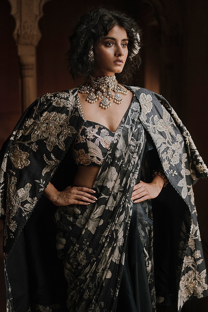 Navy Blue Chiffon & Crepe Printed Pre-Stitched Wedding Saree Set by Paulmi & Harsh at Pernia's Pop Up Shop