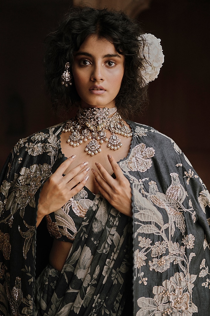Navy Blue Chiffon & Crepe Printed Pre-Stitched Wedding Saree Set by Paulmi & Harsh at Pernia's Pop Up Shop