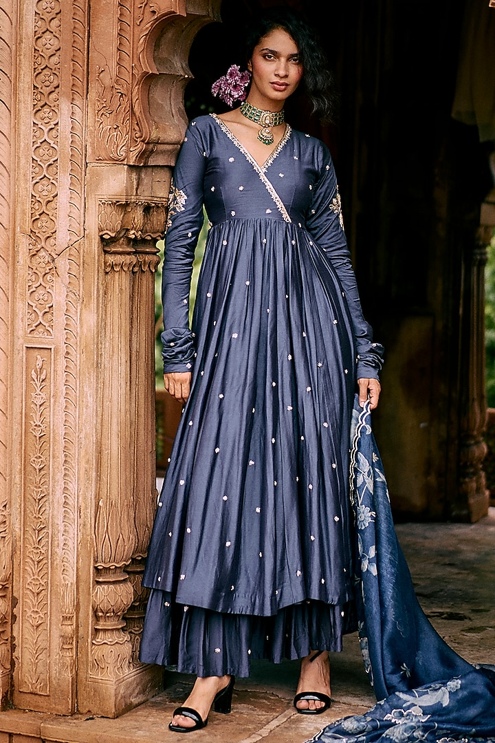 Blue Modal Silk Zardosi & Pitta Work Anarkali Set by Paulmi & Harsh at Pernia's Pop Up Shop