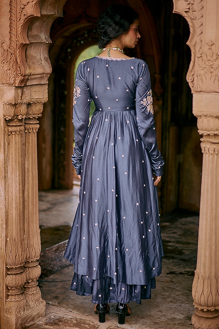 Blue Modal Silk Zardosi & Pitta Work Wedding Anarkali Set by Paulmi & Harsh at Pernia's Pop Up Shop