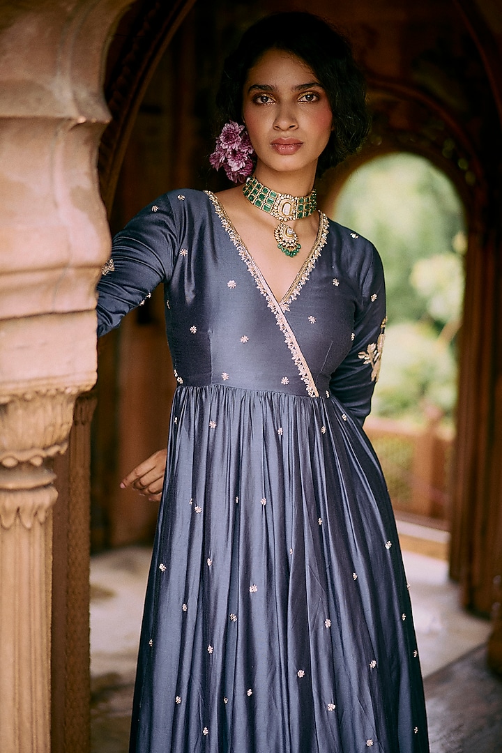 Blue Modal Silk Zardosi & Pitta Work Wedding Anarkali Set by Paulmi & Harsh at Pernia's Pop Up Shop