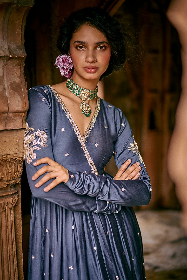 Blue Modal Silk Zardosi & Pitta Work Wedding Anarkali Set by Paulmi & Harsh at Pernia's Pop Up Shop