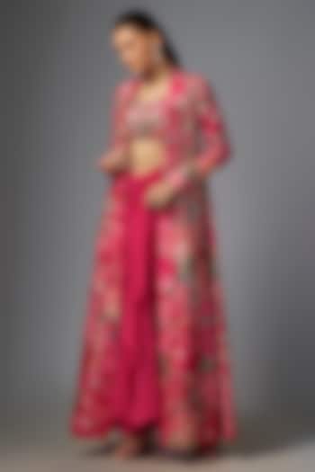 Pink Chiniya Silk Floral Printed & Embroidered Jacket Set by Paulmi & Harsh at Pernia's Pop Up Shop