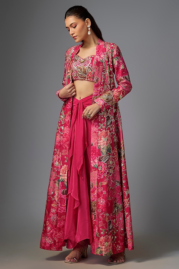 Pink Chiniya Silk Floral Printed & Embroidered Jacket Set by Paulmi & Harsh at Pernia's Pop Up Shop