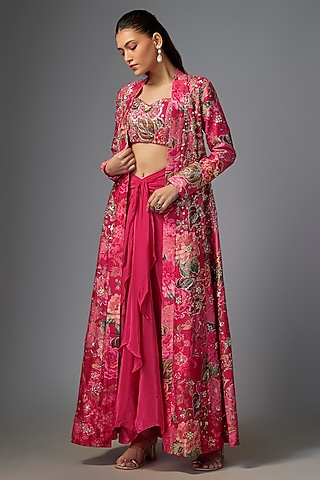 Pink Chiniya Silk Floral Printed & Embroidered Jacket Set by Paulmi & Harsh