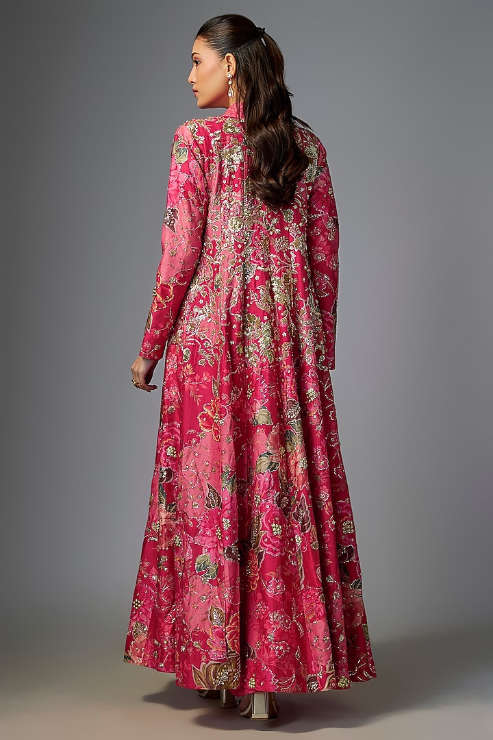 Pink Chiniya Silk Floral Printed & Embroidered Jacket Set by Paulmi & Harsh at Pernia's Pop Up Shop
