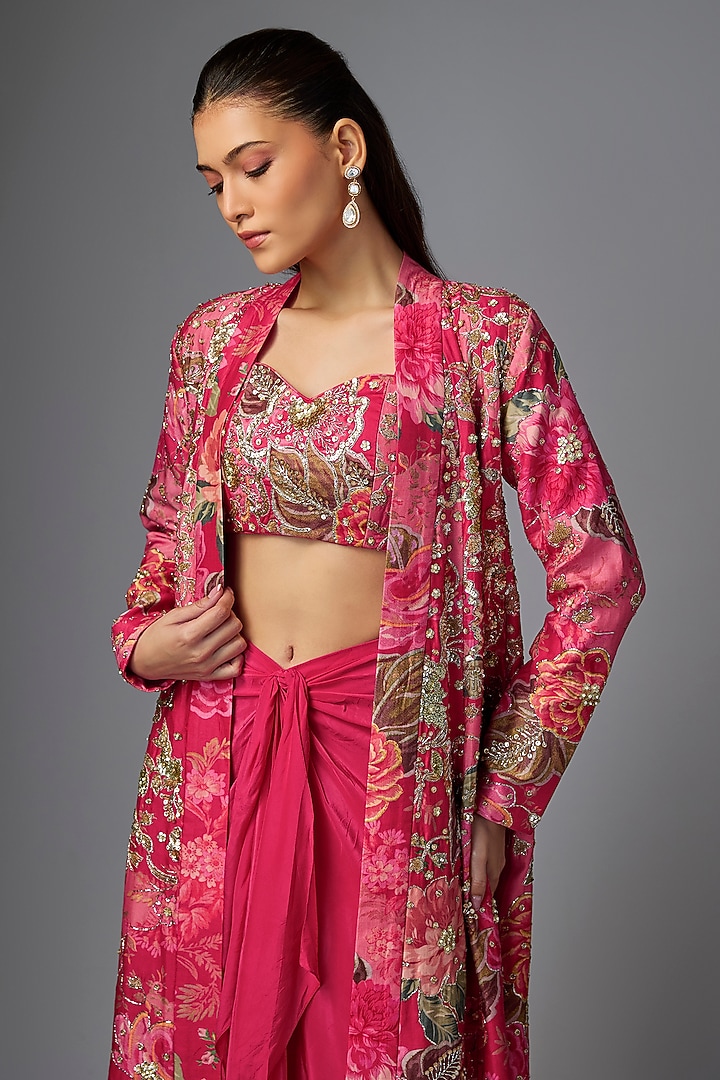 Pink Chiniya Silk Floral Printed & Embroidered Jacket Set by Paulmi & Harsh at Pernia's Pop Up Shop